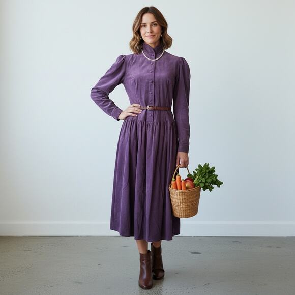 Laura Ashley Dresses & Skirts - Laura Ashley Vintage 80s Deep Purple Corduroy Button Front Midi Dress Size 12